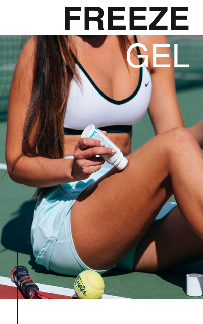 girl rolling nurish cbd freeze gel on leg